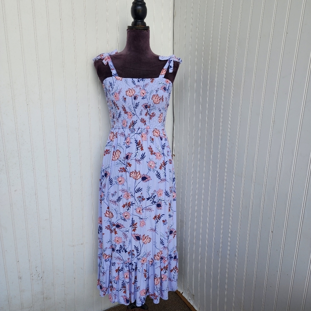 Japna Dress Womens Lilac Blue Floral Long Maxi Smocked Tie Straps Rayon Sz S